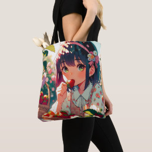 Schattige anime meisje eten aardbeien   Zomerdag Tote Bag