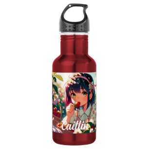 Schattige anime meisje eten aardbeien   Zomerdag Waterfles