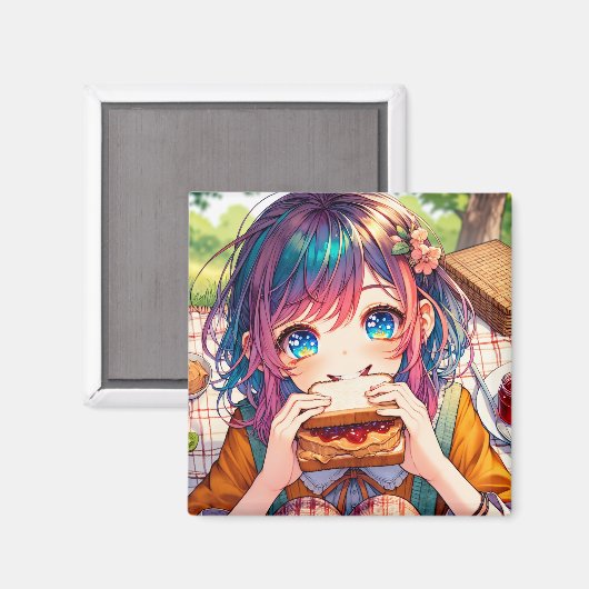 Schattige anime meisje eten een pindakaas en gelei magneet (Voorkant / Achterkant)