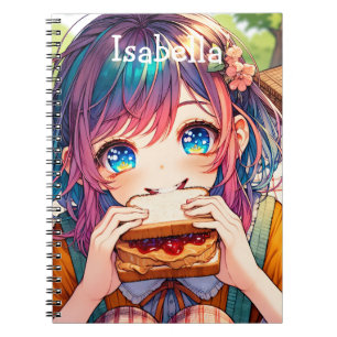 Schattige anime meisje eten een pindakaas en gelei notitieboek