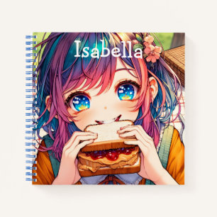 Schattige anime meisje eten een pindakaas en gelei notitieboek