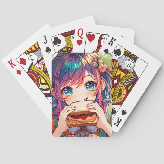 Schattige anime meisje eten een pindakaas en gelei pokerkaarten (Achterkant)