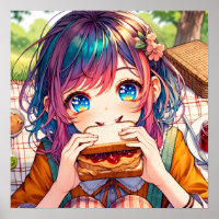 Schattige anime meisje eten een pindakaas en gelei