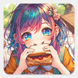 Schattige anime meisje eten een pindakaas en gelei vierkante sticker