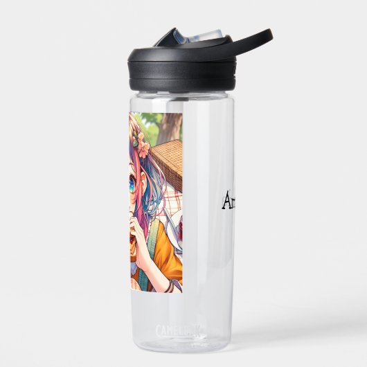 Schattige anime meisje eten een pindakaas en gelei waterfles (Links)