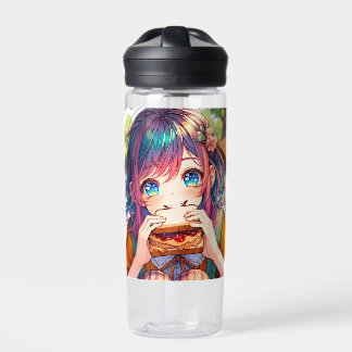 Schattige anime meisje eten een pindakaas en gelei waterfles
