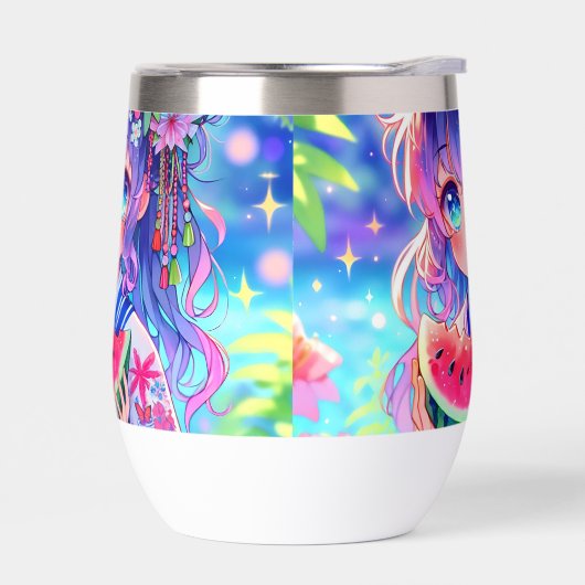 Schattige anime meisje eten watermeloen op een zom (Links)