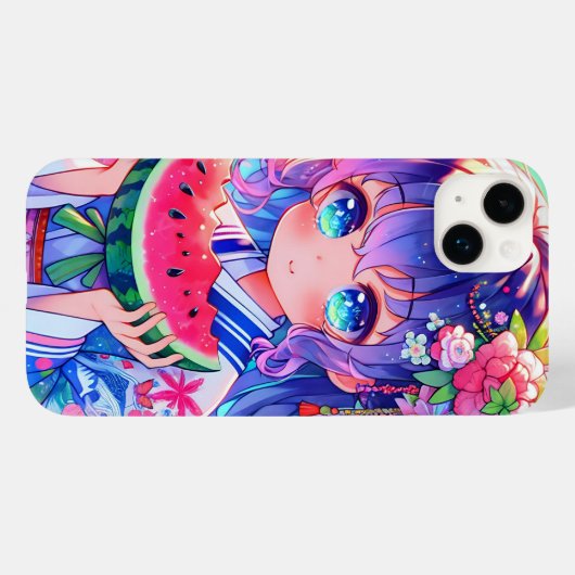 Schattige anime meisje eten watermeloen op een zom Case-Mate iPhone case (Achterkant (horizontaal))