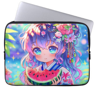 Schattige anime meisje eten watermeloen op een zom laptop sleeve