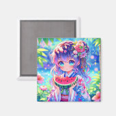 Schattige anime meisje eten watermeloen op een zom magneet (Voorkant / Achterkant)