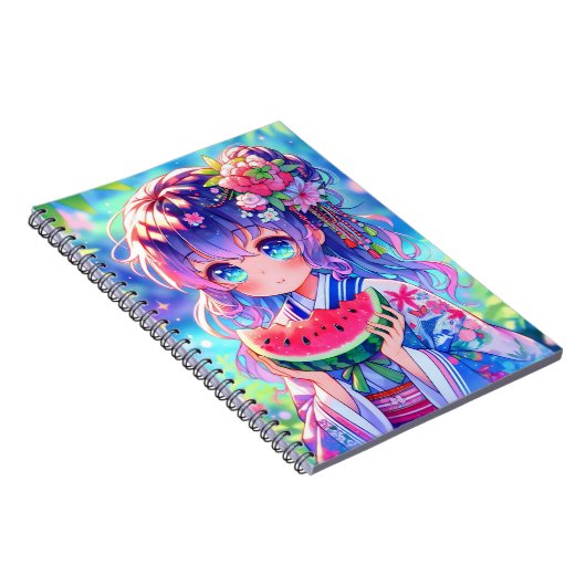 Schattige anime meisje eten watermeloen op een zom notitieboek (Rechterzijde)