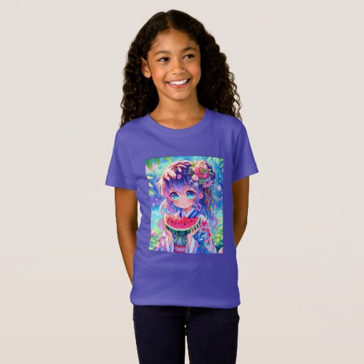 Schattige anime meisje eten watermeloen op een zom t-shirt (Voorkant volledig)