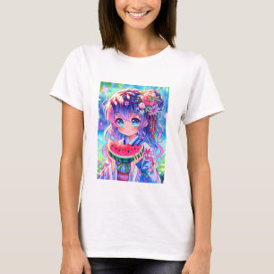 Schattige anime meisje eten watermeloen op een zom t-shirt