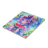 Schattige anime meisje eten watermeloen op een zom tegeltje (Zijkant)