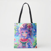 Schattige anime meisje eten watermeloen op een zom tote bag (Voorkant)