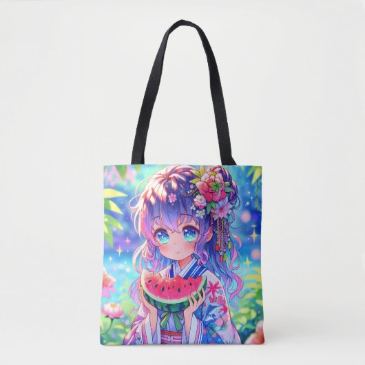 Schattige anime meisje eten watermeloen op een zom tote bag (Voorkant)