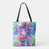 Schattige anime meisje eten watermeloen op een zom tote bag (Achterkant)