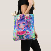 Schattige anime meisje eten watermeloen op een zom tote bag (Dichtbij)