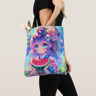 Schattige anime meisje eten watermeloen op een zom tote bag