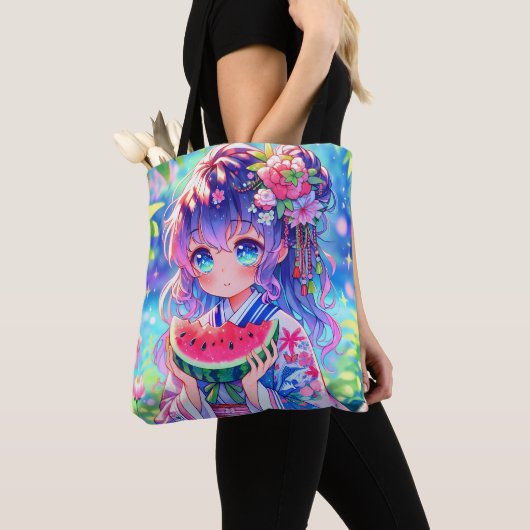 Schattige anime meisje eten watermeloen op een zom tote bag (Dichtbij)
