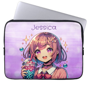 Schattige Anime Meisje Holding Bubble Tea Geperson Laptop Sleeve