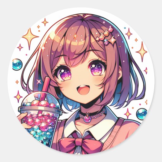 Schattige Anime Meisje Holding Bubble Tea Ronde Sticker (Voorkant)