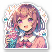 Schattige Anime Meisje Holding Bubble Tea Sticker (Voorkant)