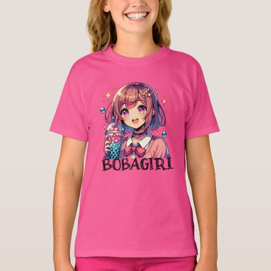 Schattige Anime Meisje Holding Bubble Tea T-shirt (Voorkant)