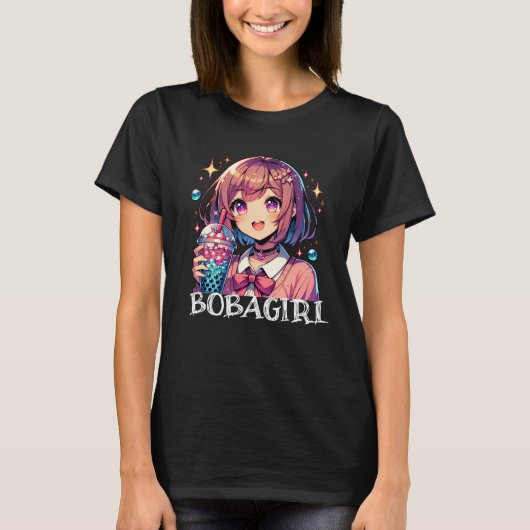 Schattige Anime Meisje Holding Bubble Tea T-shirt (Voorkant)