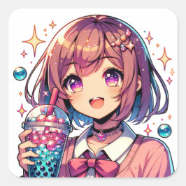 Schattige Anime Meisje Holding Bubble Tea Vierkante Sticker