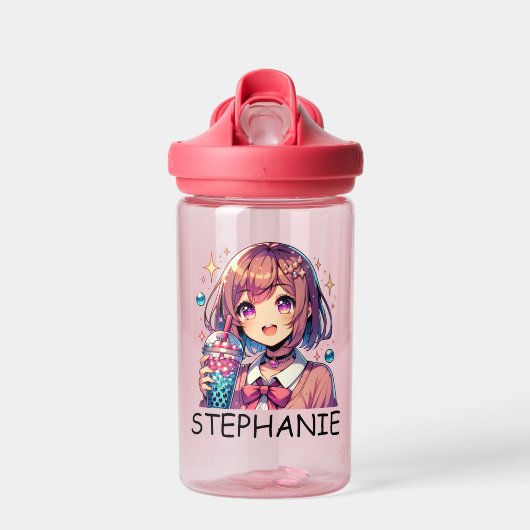 Schattige Anime Meisje Holding Bubble Tea Waterfles (Voorkant)
