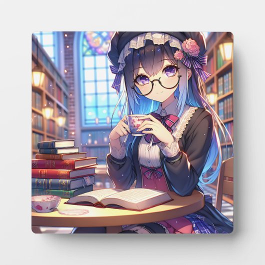 Schattige anime meisje in een bril lezen fotoplaat (Voorkant)