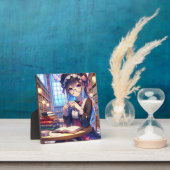 Schattige anime meisje in een bril lezen fotoplaat (Insitu)