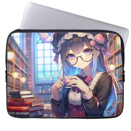 Schattige anime meisje in een bril lezen laptop sleeve