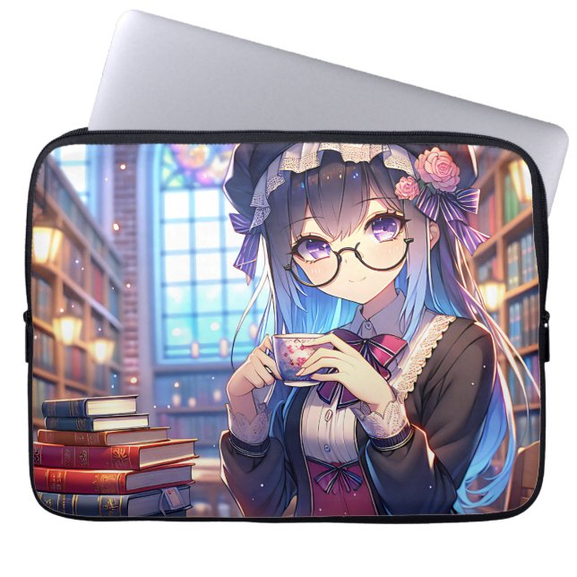Schattige anime meisje in een bril lezen laptop sleeve (Voorkant)