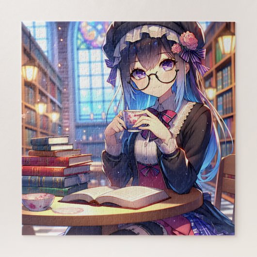 Schattige anime meisje in een bril lezen legpuzzel (Verticaal)