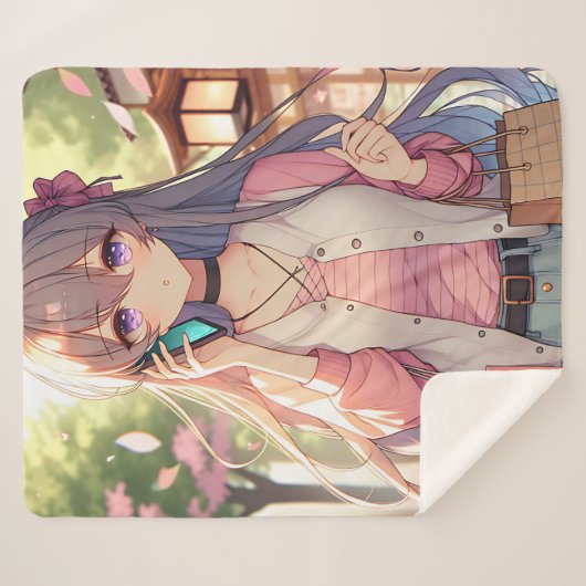 Schattige anime meisje in winkelen gelukzaligheid sherpa deken (Voorkant (horizontaal))