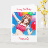 Schattige anime meisje met ballon verjaardag kaart (Gele Bloem)