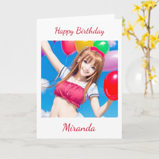 Schattige anime meisje met ballon verjaardag kaart (Gele Bloem)