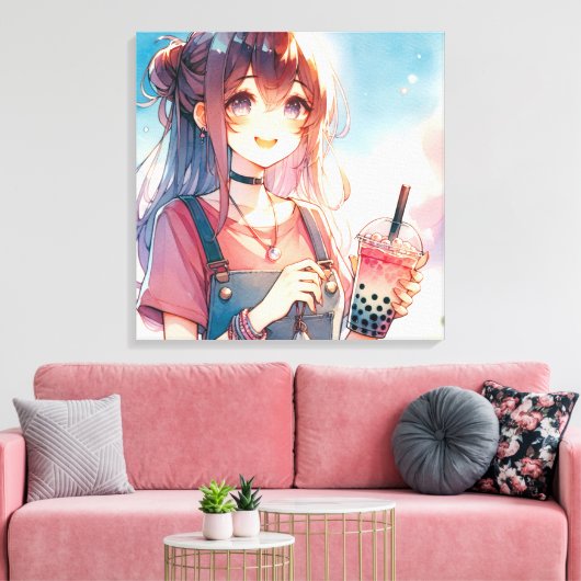 Schattige anime meisje met een Boba Tea Canvas Afdruk (Insitu (Woonkamer))