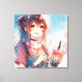 Schattige anime meisje met een Boba Tea Canvas Afdruk (Voorkant)