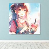 Schattige anime meisje met een Boba Tea Canvas Afdruk (Insitu (Houten vloer))