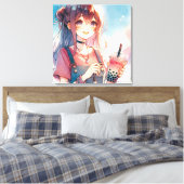 Schattige anime meisje met een Boba Tea Canvas Afdruk (Insitu (Slaapkamer))