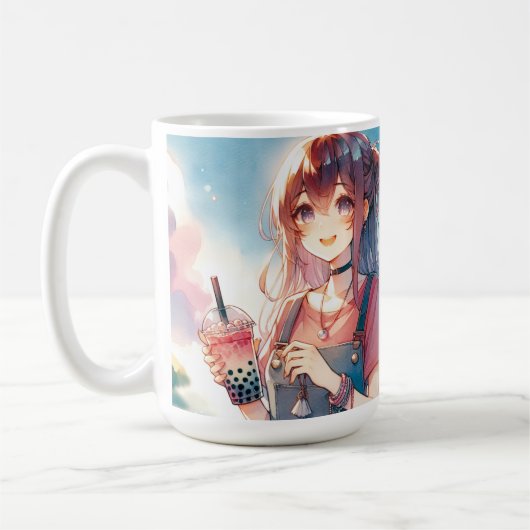 Schattige anime meisje met een Boba Tea Koffiemok (Links)