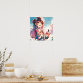 Schattige anime meisje met een Boba Tea Poster (Keuken)