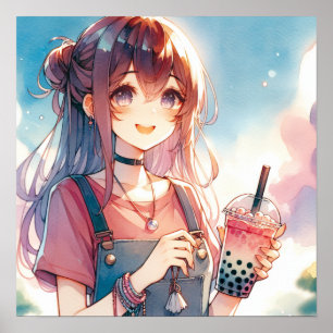 Schattige anime meisje met een Boba Tea Poster