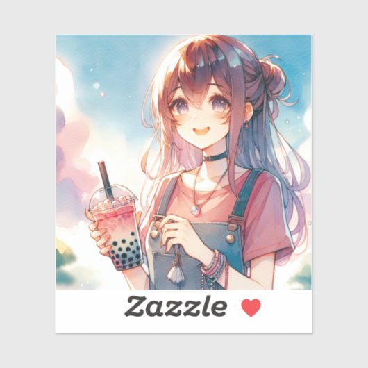 Schattige anime meisje met een Boba Tea Sticker (Vel)