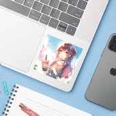 Schattige anime meisje met een Boba Tea Sticker (Laptop met iPhone)
