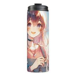 Schattige anime meisje met een Boba Tea Thermosbeker