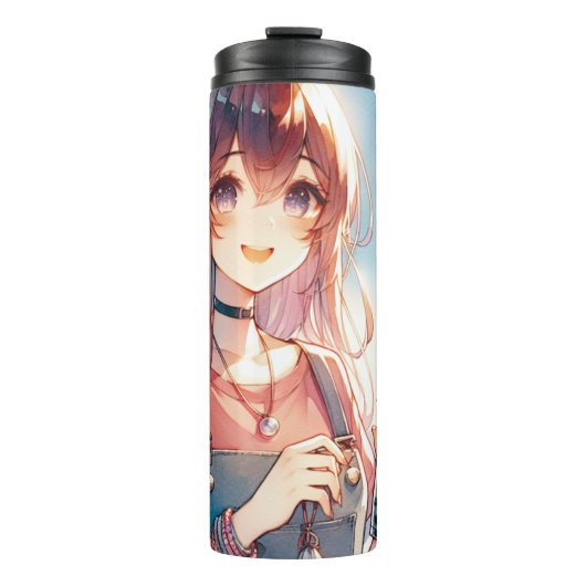 Schattige anime meisje met een Boba Tea Thermosbeker (Voorkant)